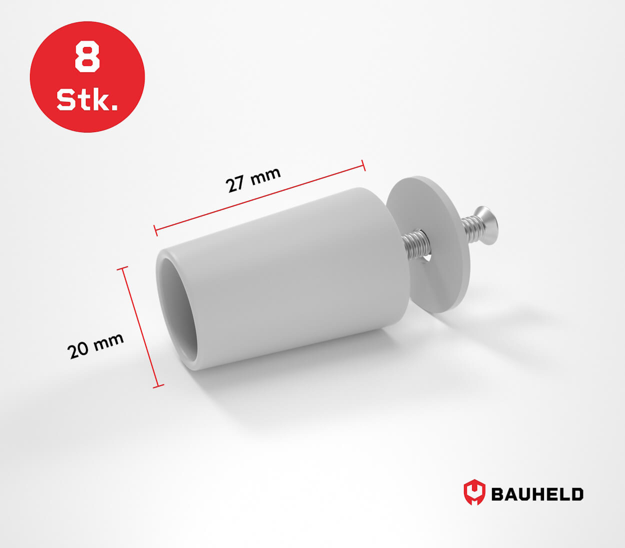 Ein weißer Dübel mit Schraube und Unterlegscheibe. Maße 20mm und 27mm.