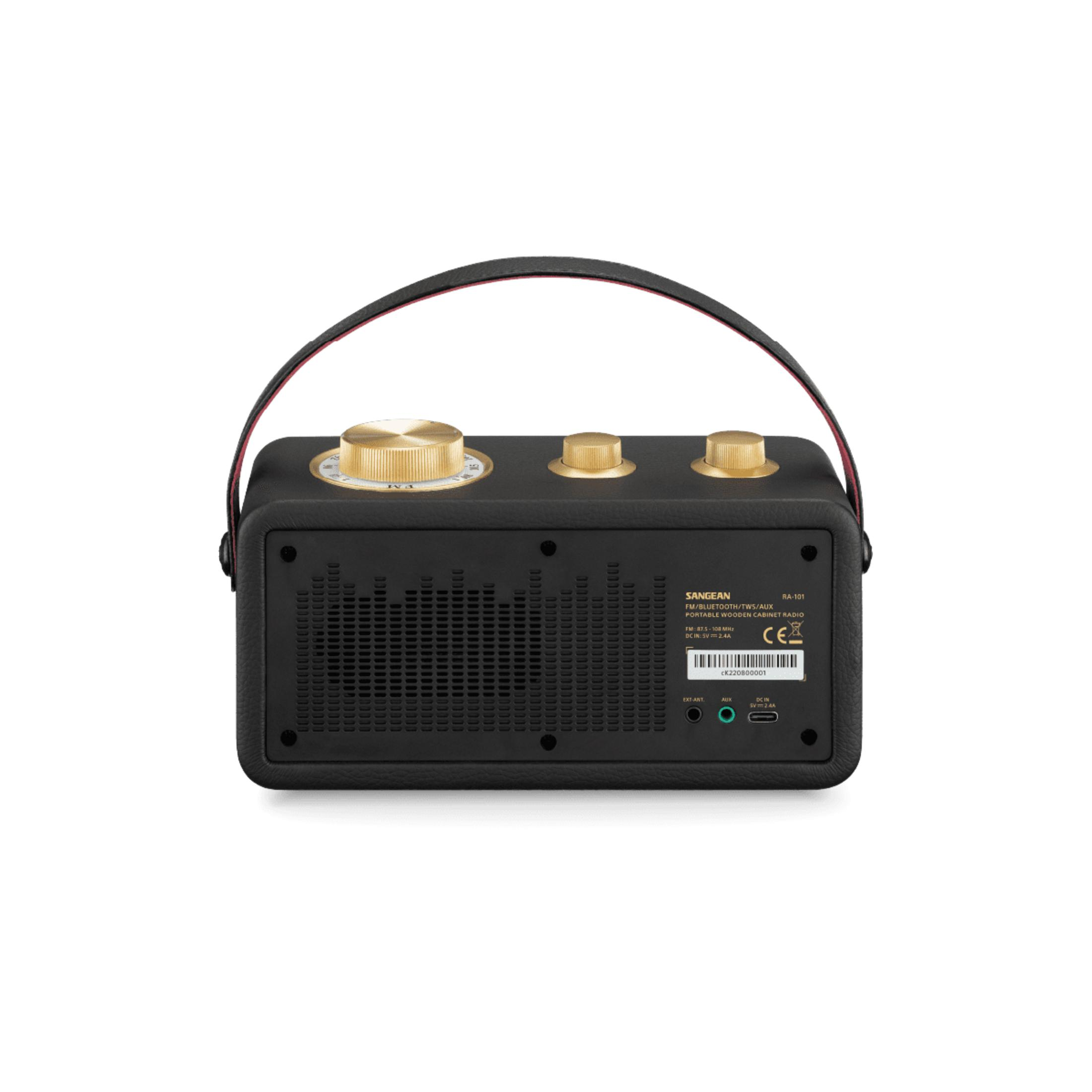 Schwarzes Radio mit goldenen Knöpfen, Lautsprecher und Anschlüssen.