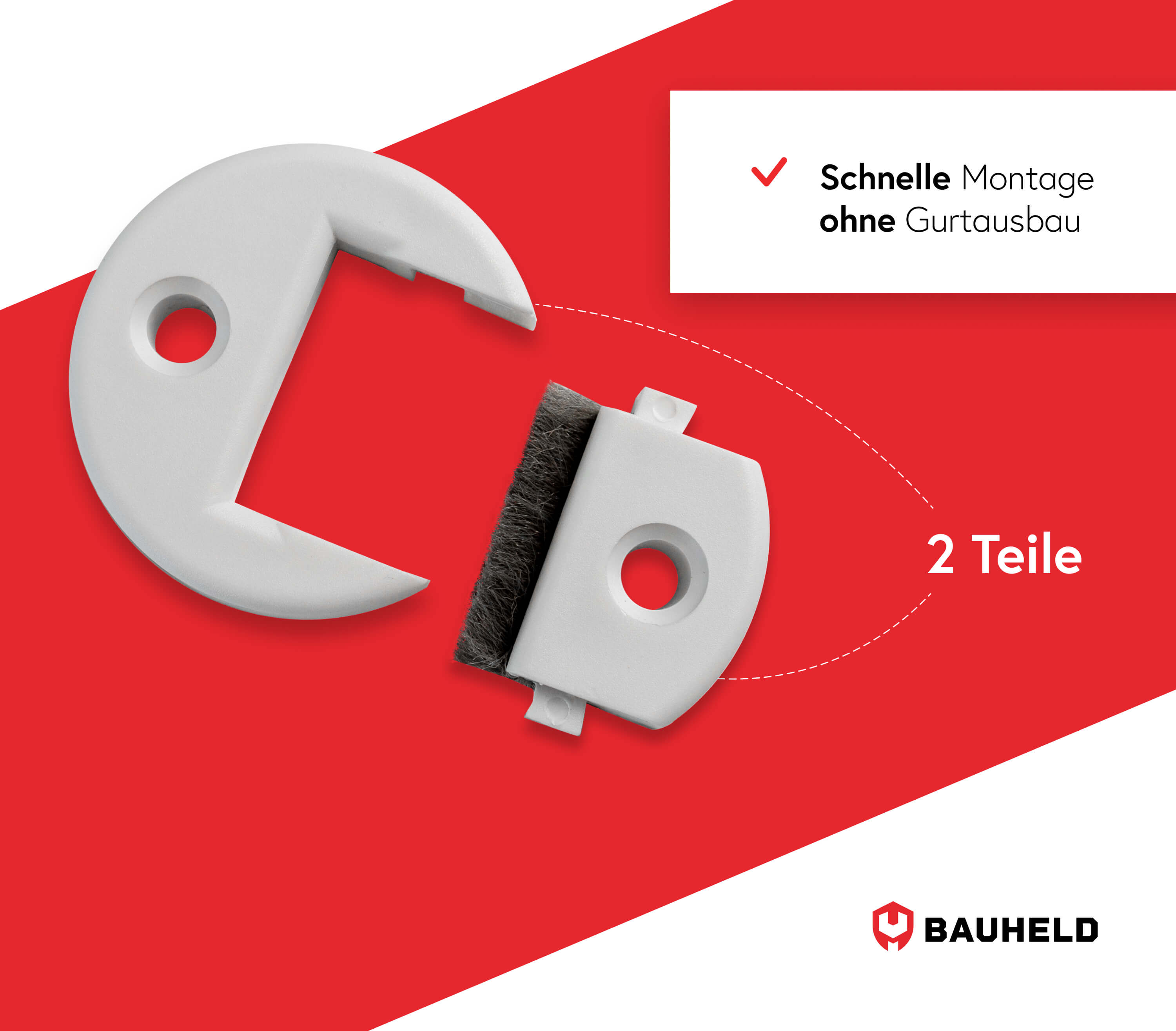 Zwei weiße Teile für schnelle Montage ohne Gurt, mit Bürste.
