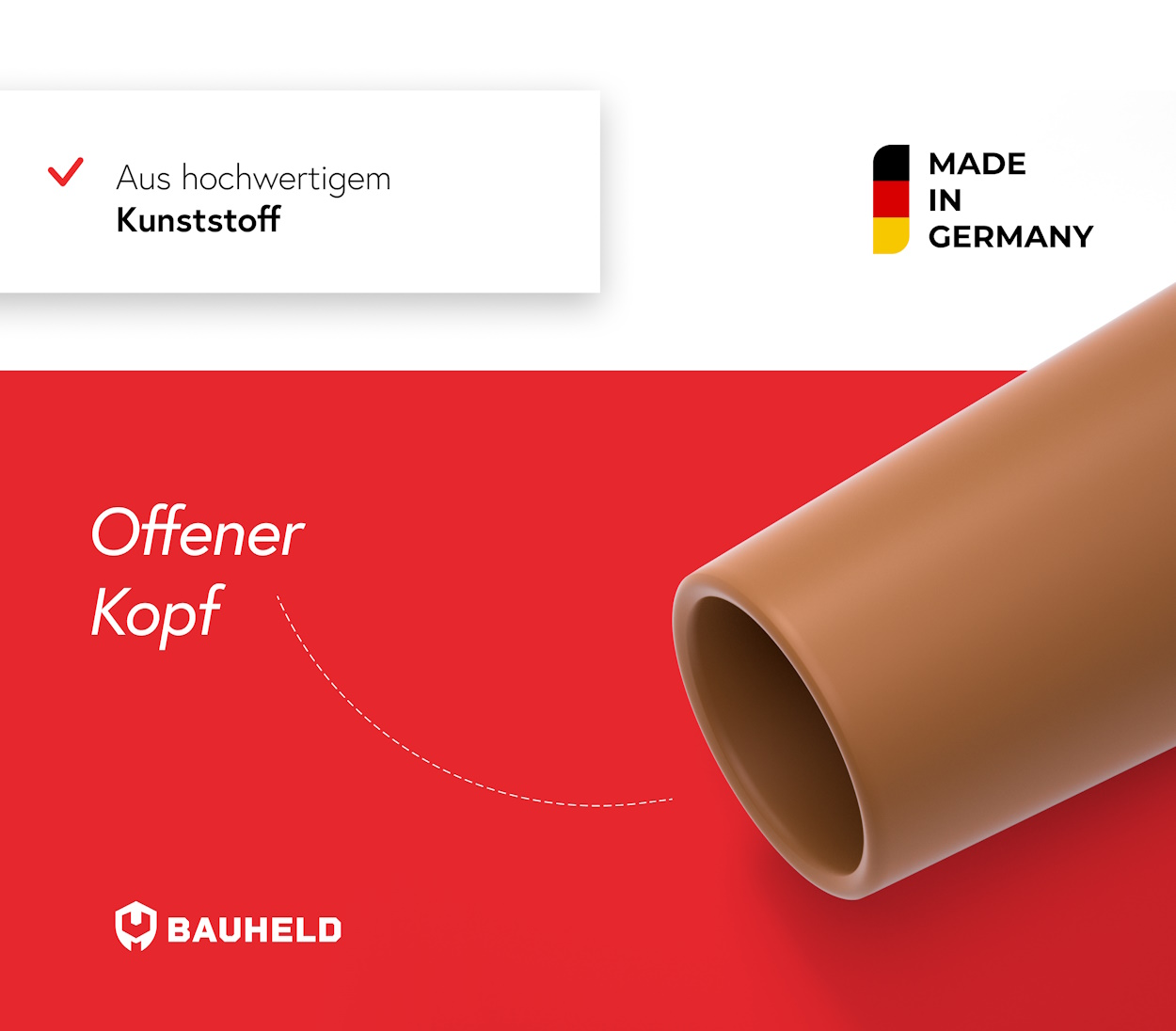 Offener Kopf aus Kunststoff, Made in Germany. Bauheld Logo.