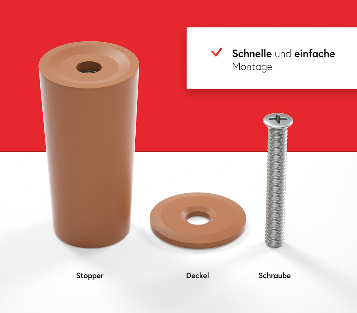 Brauner Stopper, Deckel und Schraube auf weißem Untergrund mit rotem Hintergrund.