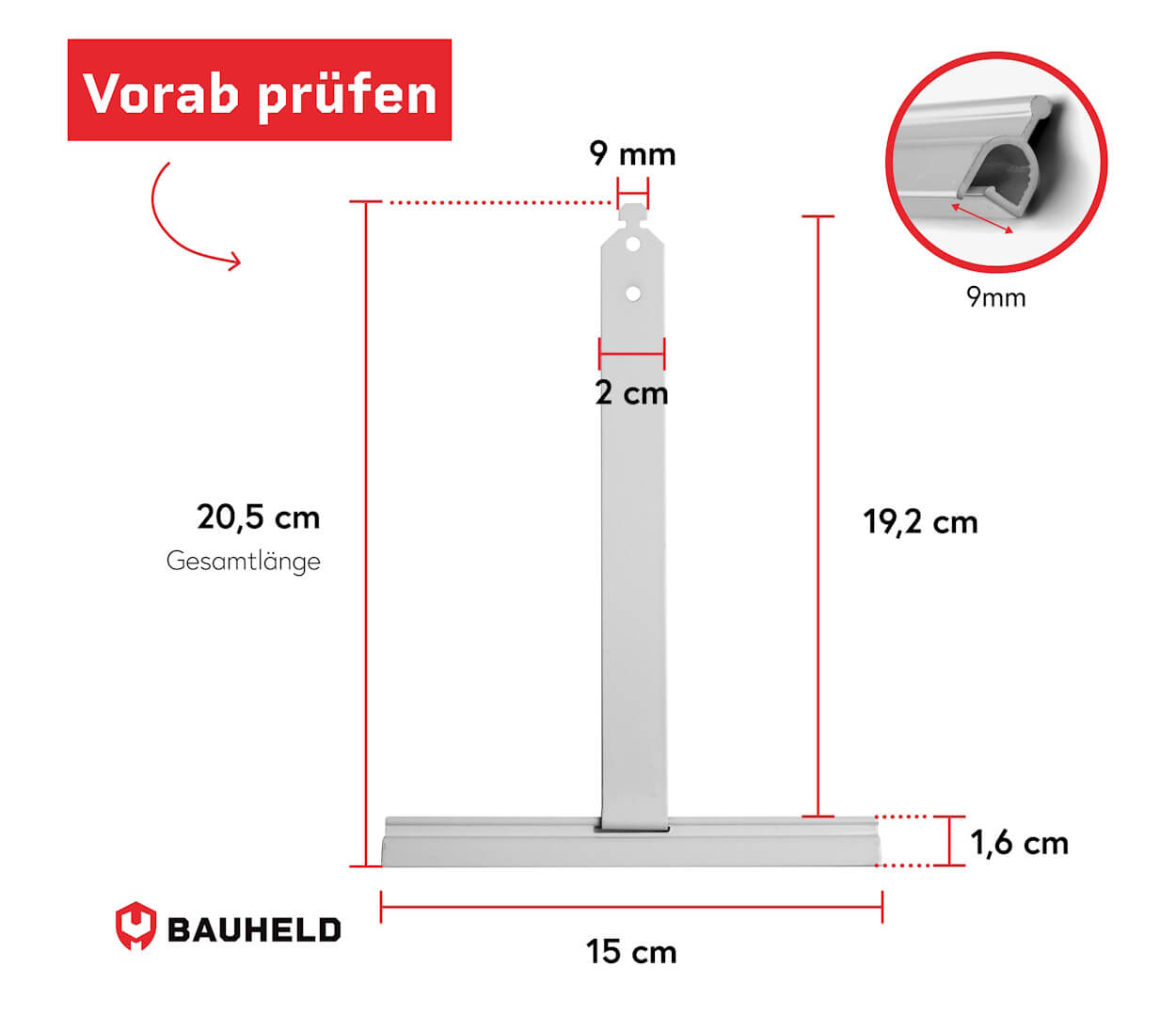 Technische Zeichnung eines T-Profils mit Maßen: 20,5cm Gesamtlänge.