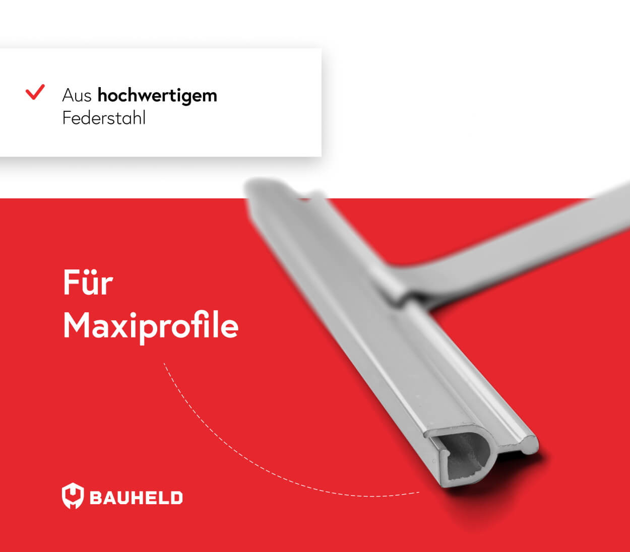 Ein silbernes Werkzeug mit rotem Hintergrund für Maxiprofile.