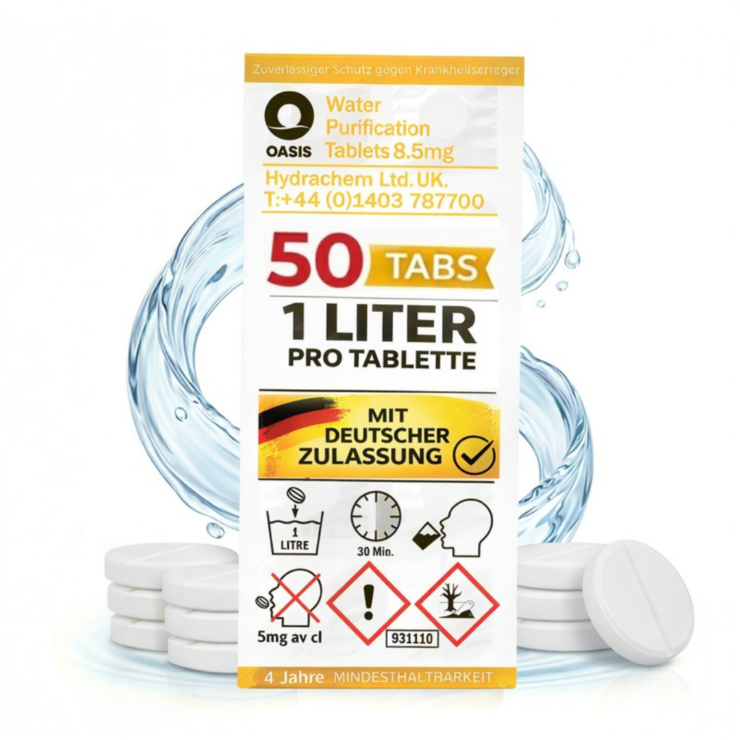 Oasis Wasserreinigungstabletten 8,5mg, 50 Stück für 1 Liter Wasser.