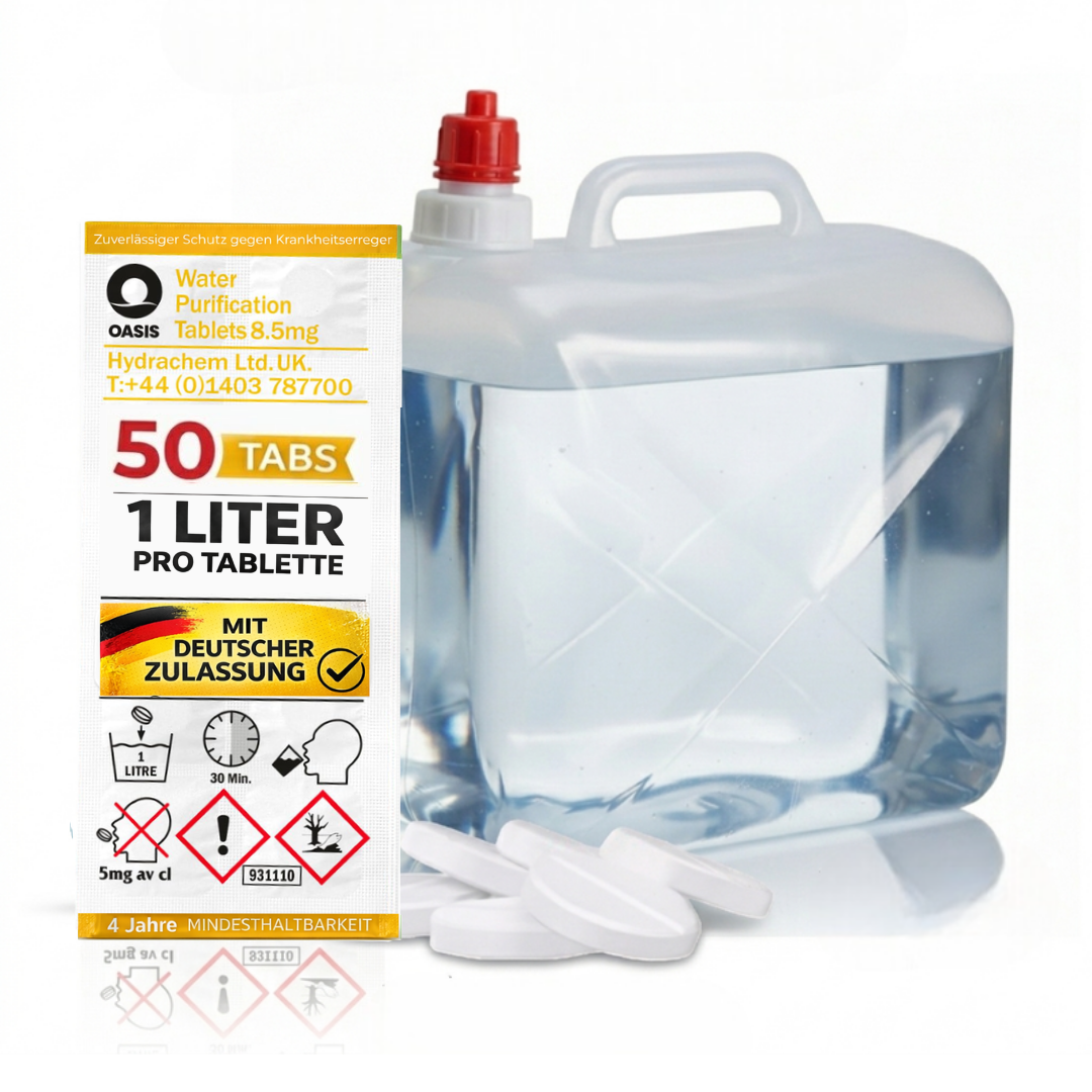 Wasserreinigungstabletten mit Kanister. 50 Tabletten, 1 Liter pro Tablette.
