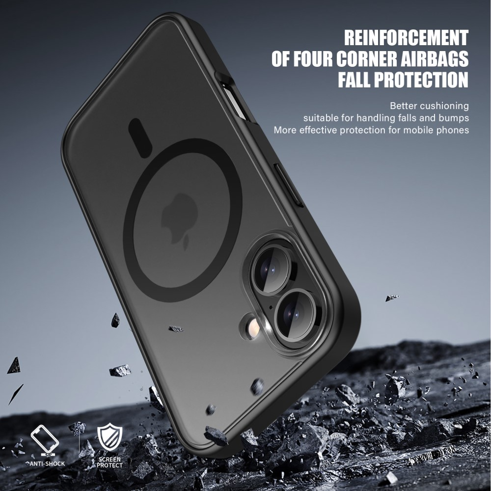Cover nera per telefono con airbag a quattro angoli che cade sulle rocce.