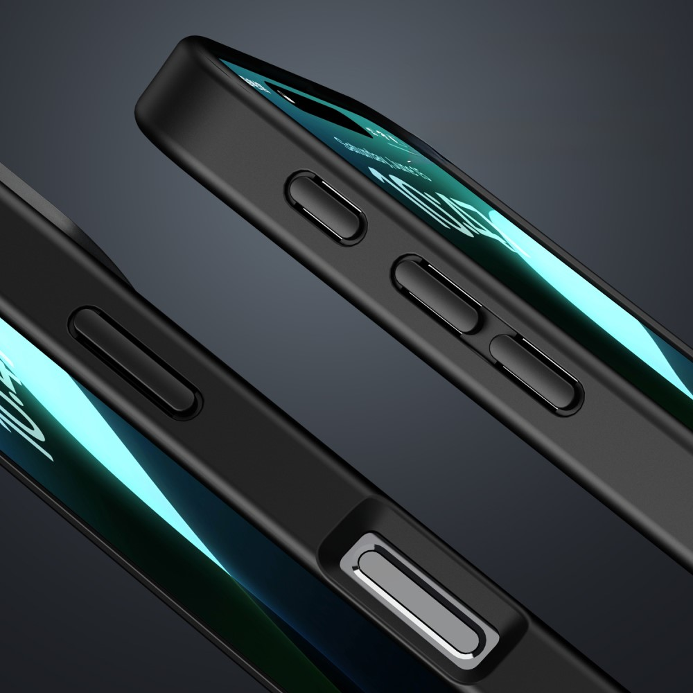 Primo piano di due custodie per smartphone nere, una sopra l'altra, che mostrano i pulsanti laterali.