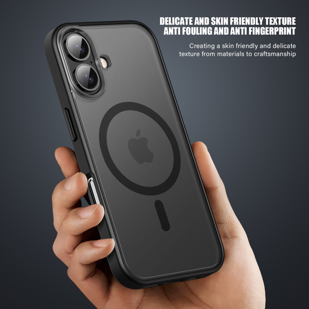 Cover nera per telefono con logo Apple, tenuta in mano.