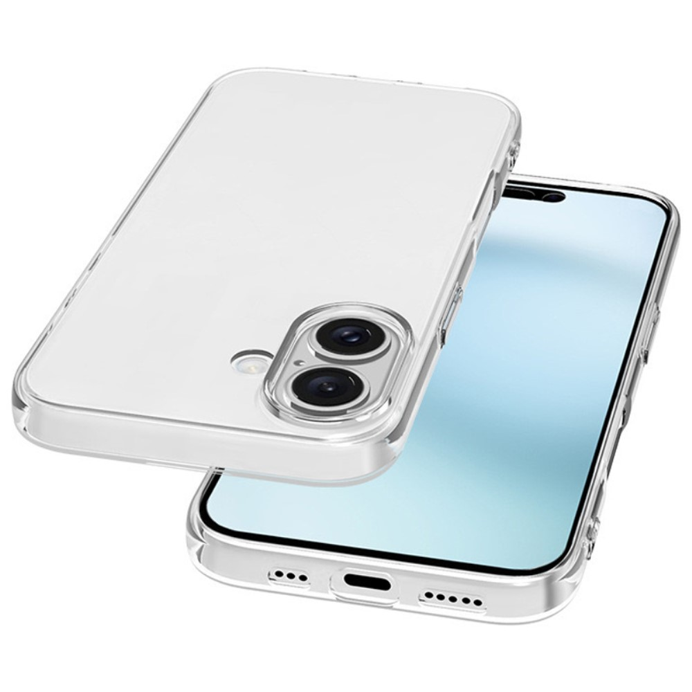 Custodia trasparente per telefono con doppia fotocamera, retro bianco, base bianca.