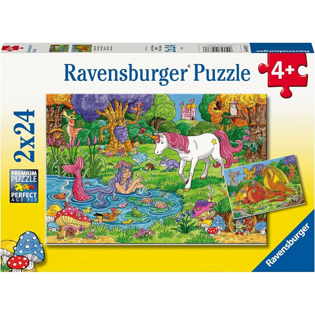 Puzzle Ravensburger: Sirena, unicorno, drago, animali del bosco, funghi, castello.