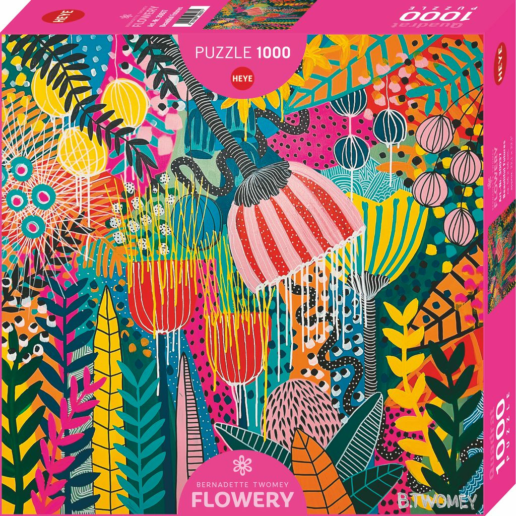 Bunte Blumen und Blätter in einem abstrakten Muster auf einer Puzzleverpackung.