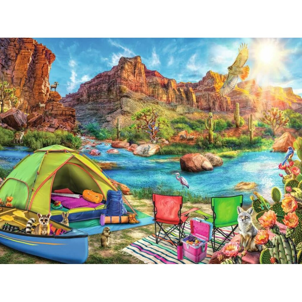 Una tenda e una canoa vicino a un fiume in un canyon con animali e cactus.