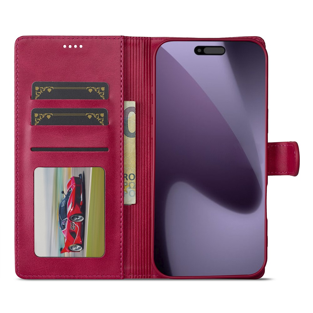 Custodia a portafoglio in pelle rossa per smartphone, mostra carte, contanti e immagine auto.