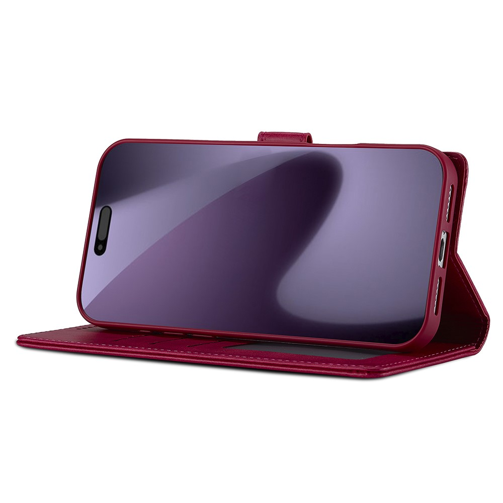 Uno smartphone rosso in una custodia aperta con schermo a specchio su sfondo bianco.