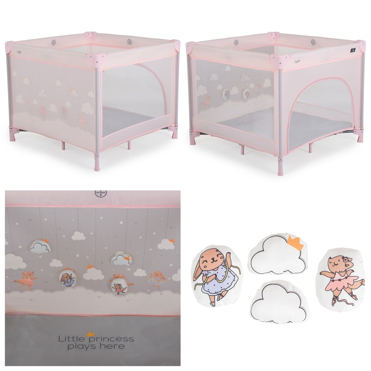 Ein rosa Reisebett mit Wolken- und Prinzessinnenmotiven. Enthält Kissen.