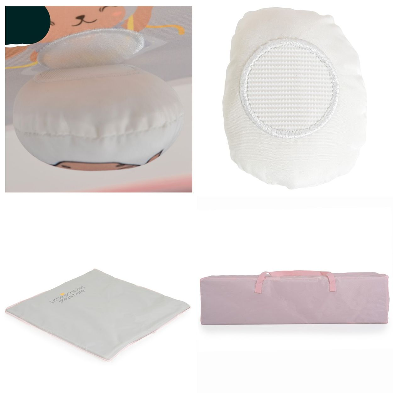 Vier Babyprodukte: Spielbogen-Anhänger, weißer Spielzeug-Anhänger, Stoff, Reisebett-Tasche.