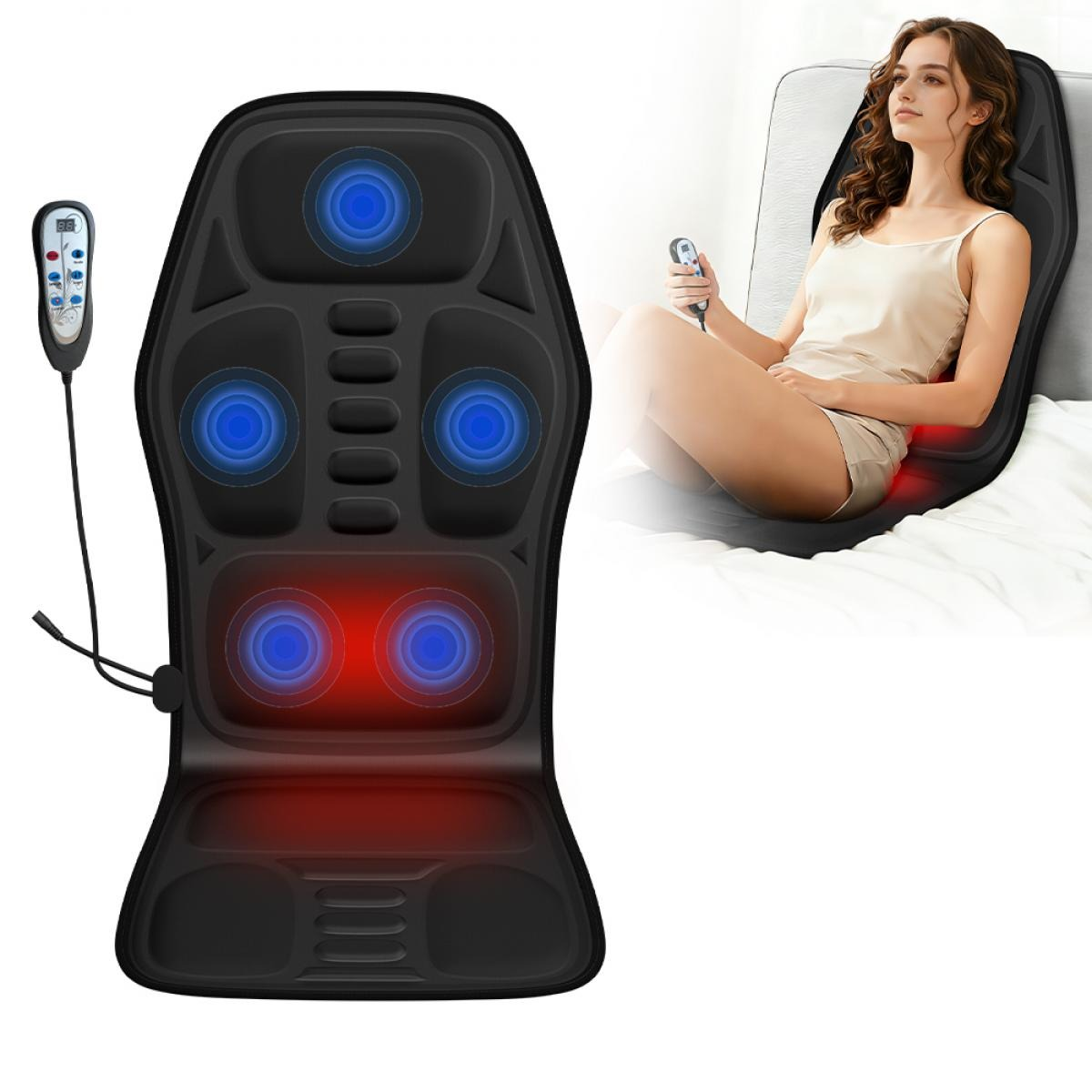 Schwarzes Massagekissen mit blauen und roten Lichtern, Frau sitzt darauf.