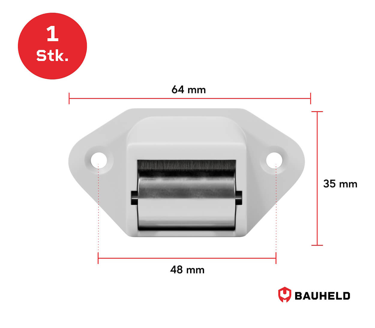 Ein weißer Rollenhalter mit Maßen 64x35mm und einer Rolle aus Metall.