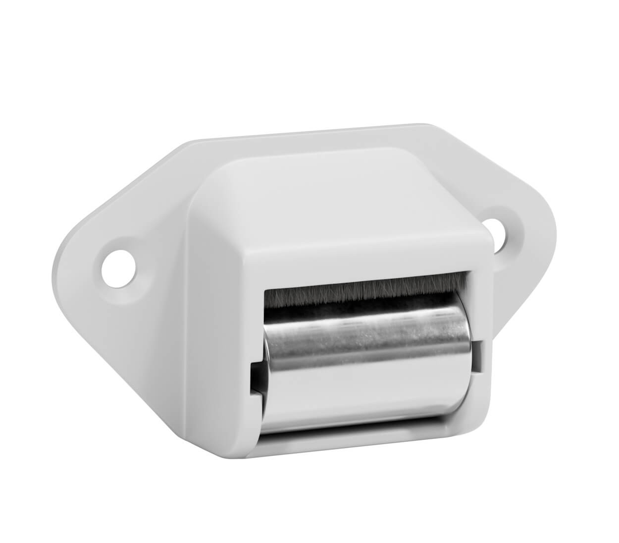 Ein weißer Türstopper mit Bürsten und Metallrolle.