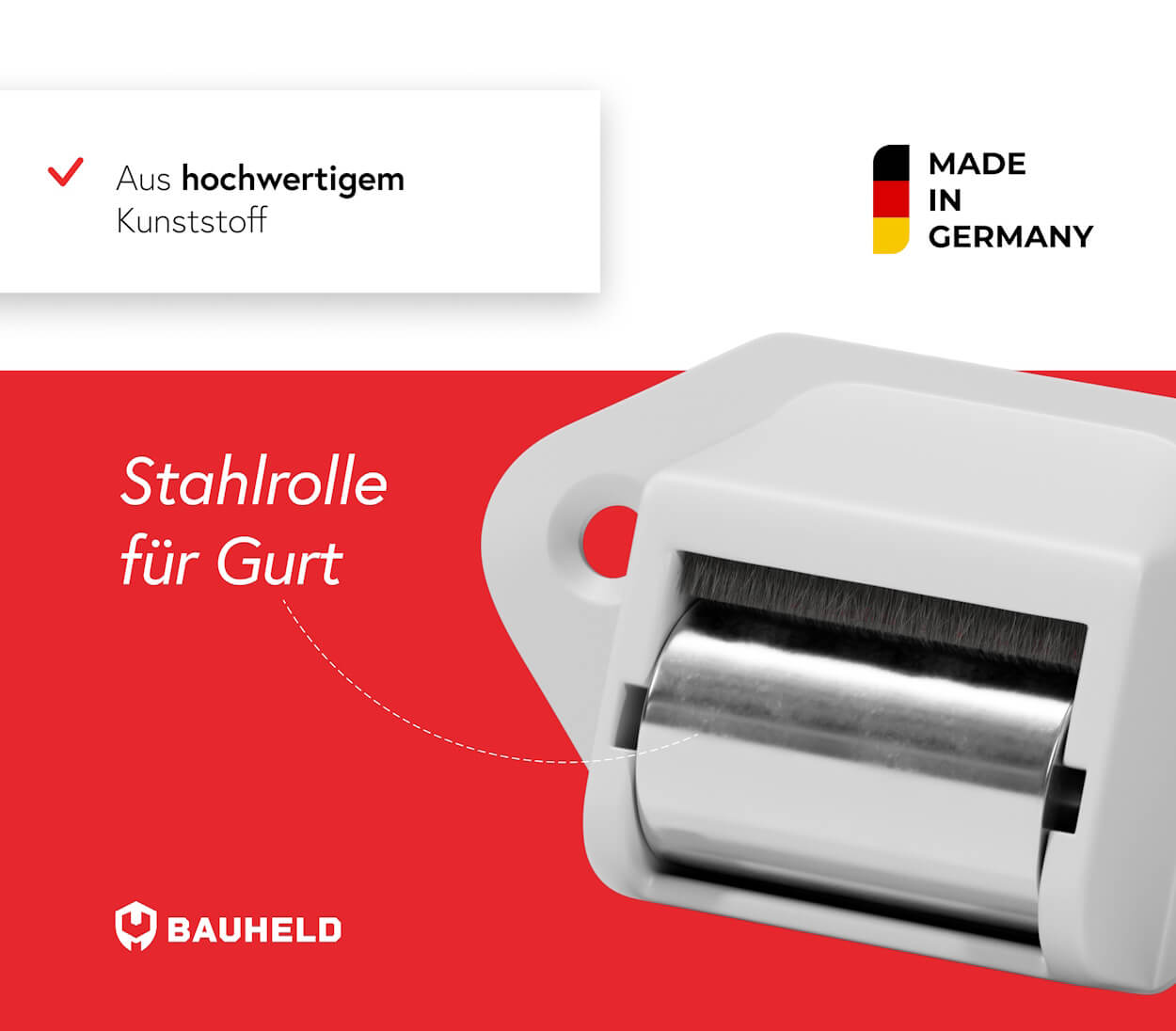 Weiße Gurtrolle aus Kunststoff mit Stahlrolle, Made in Germany.