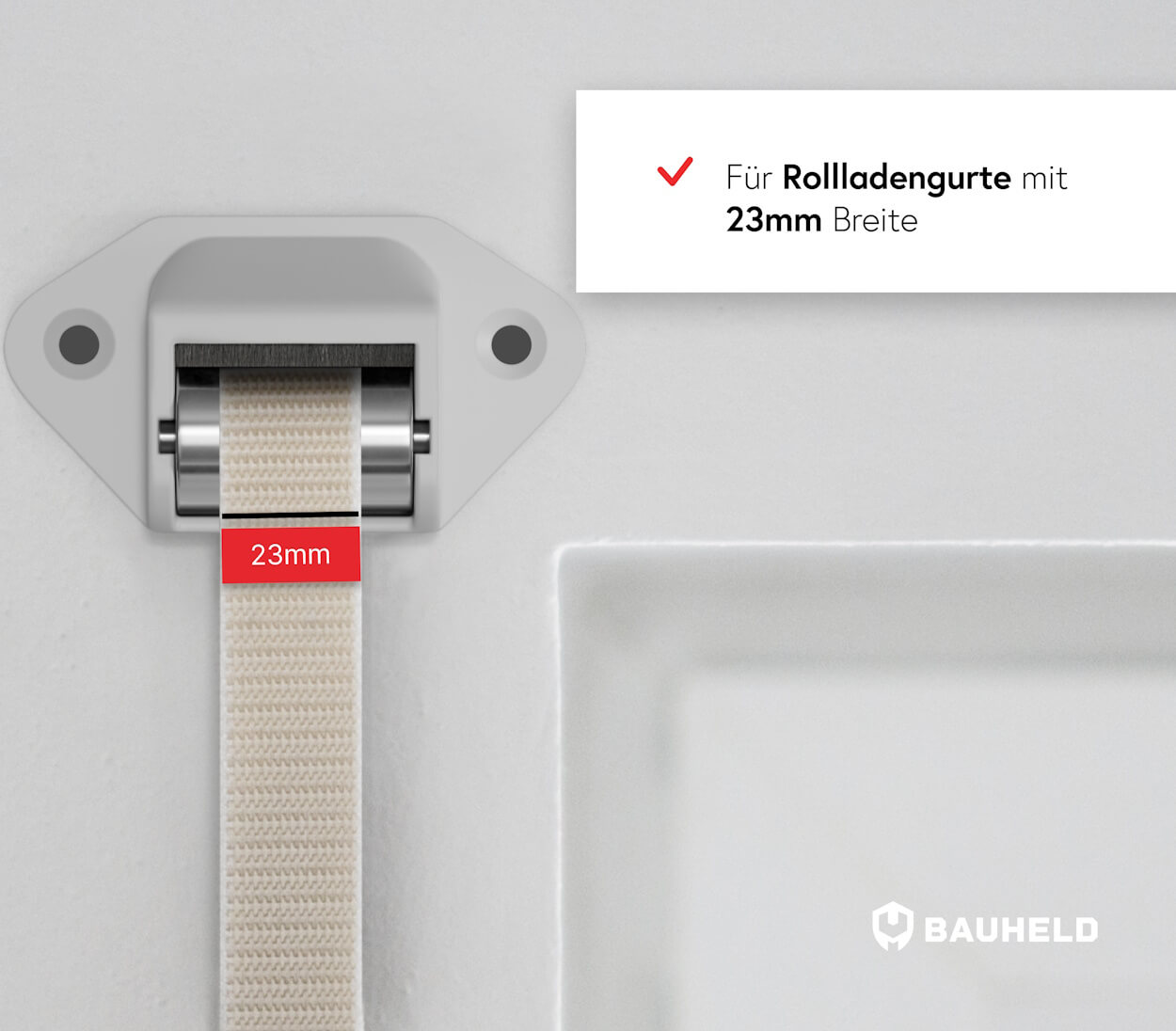 Ein Rolladengurt mit 23mm Breite wird durch eine weiße Halterung geführt.