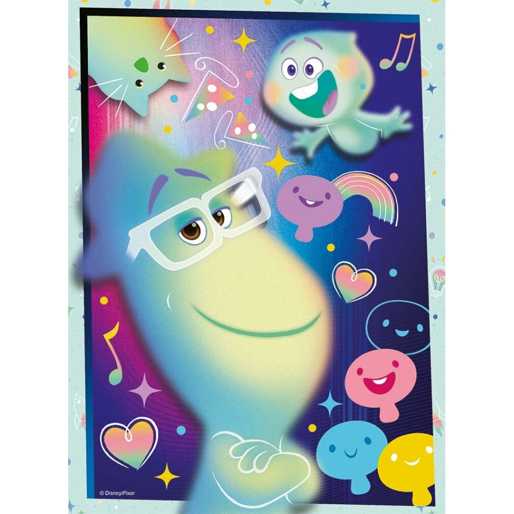 Un personaggio blu con gli occhiali sorride, circondato da anime colorate, cuori e note musicali.