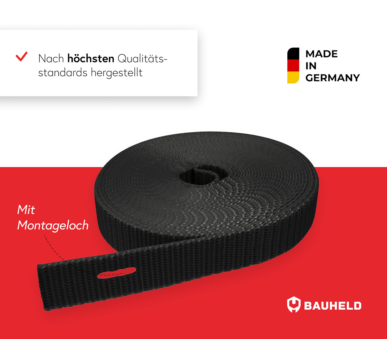 Schwarzes Gurtband mit Montageloch, hergestellt in Deutschland.