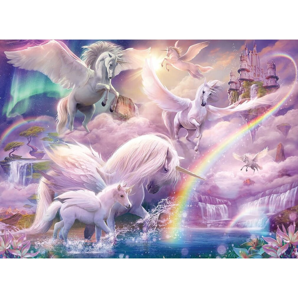 Pegasi e unicorni bianchi in un mondo fantasy con cascate, arcobaleni e un castello.