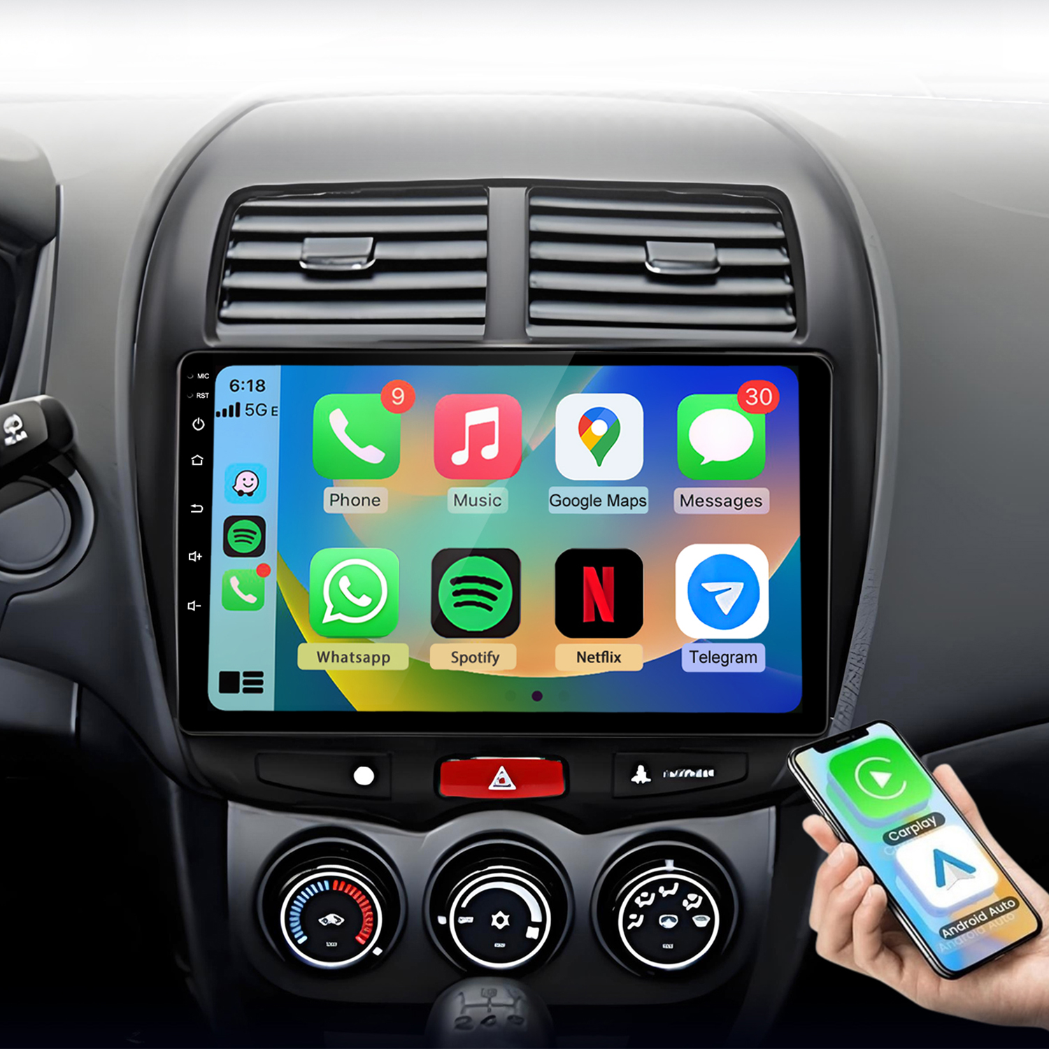 Autoinnenraum mit Touchscreen-Infotainmentsystem und Smartphone.