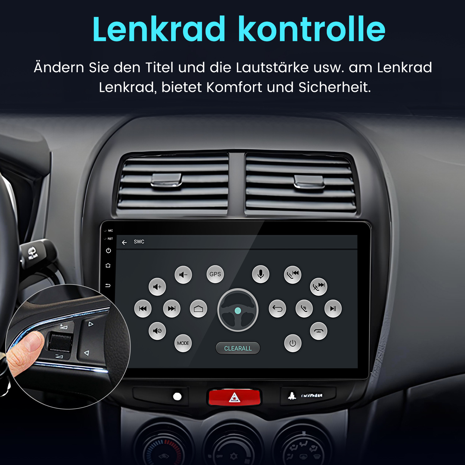 Ein Finger bedient das Lenkrad-Display eines Autos mit Lautstärke- und GPS-Steuerung.