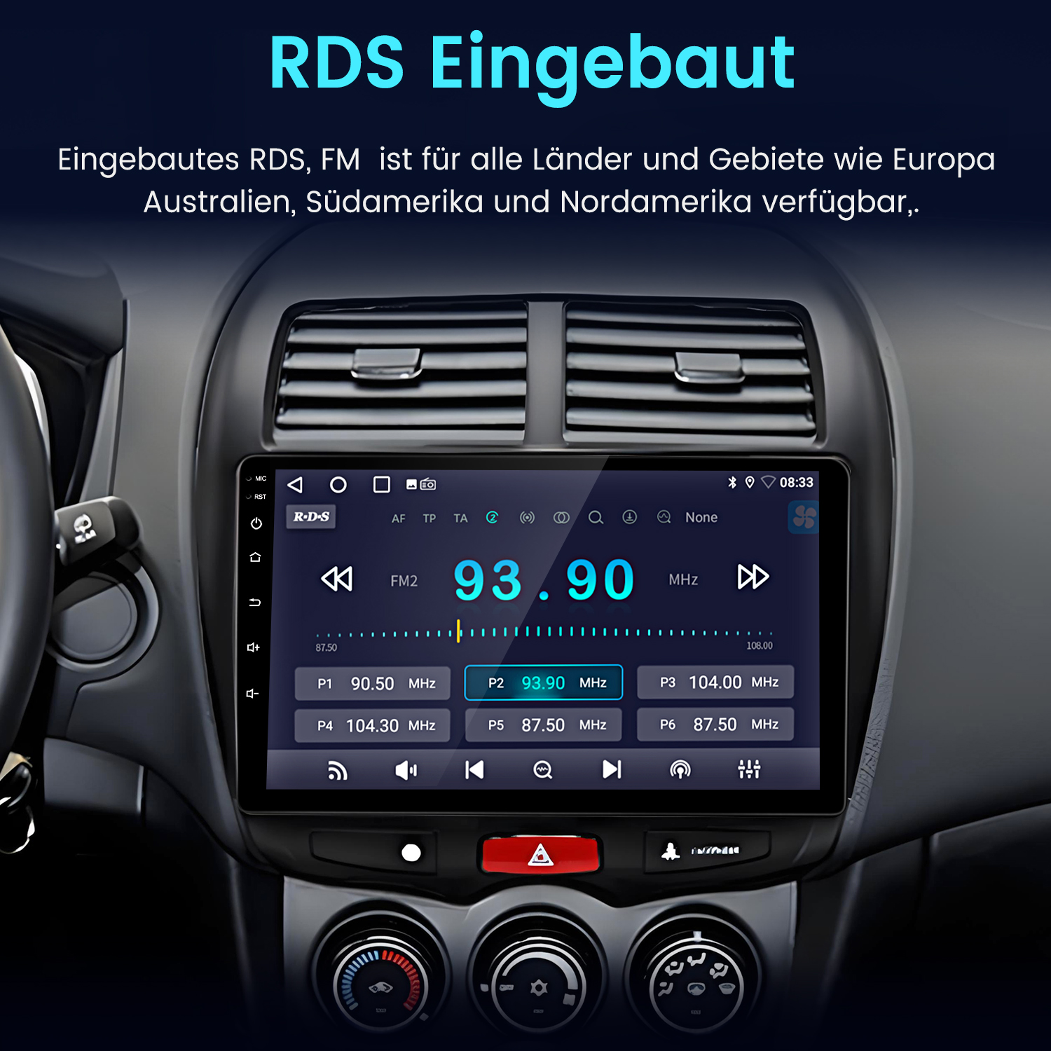 Ein Autoradio-Bildschirm zeigt RDS- und FM-Frequenzen an, mit Bedienelementen.