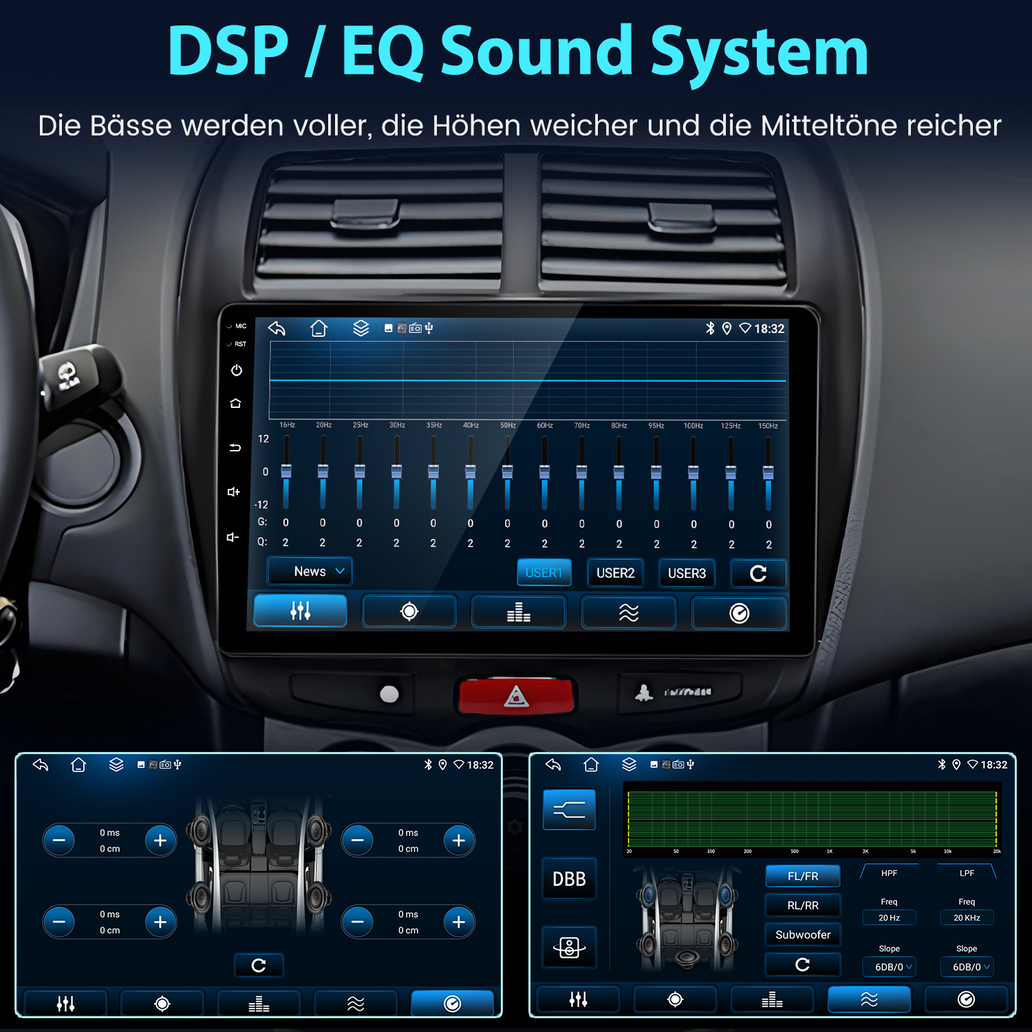 Bildschirm zeigt DSP/EQ-System mit Equalizer- und Lautsprechereinstellungen für ein Auto.