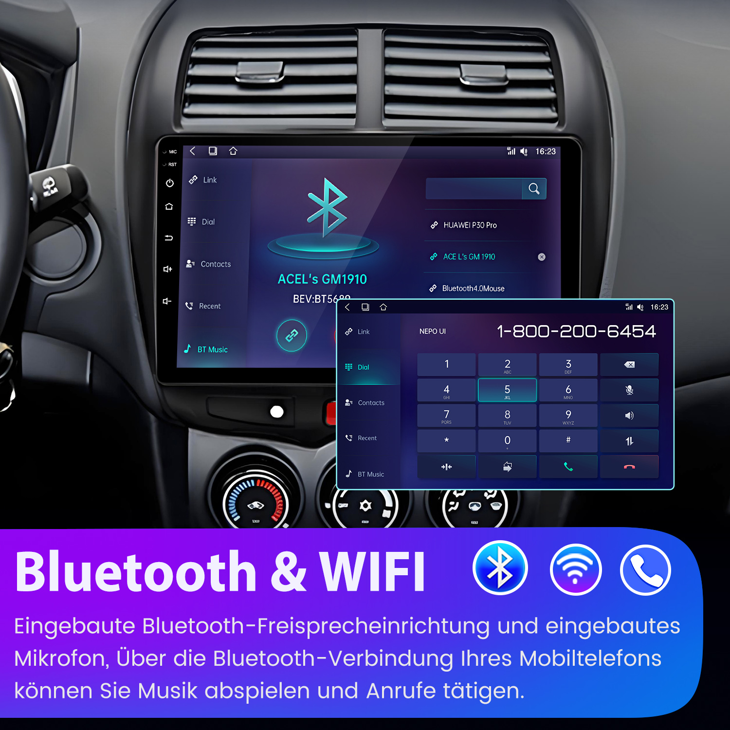 Ein Autoradio-Bildschirm zeigt eine Telefon-App mit einem Ziffernblock und eine Bluetooth-Verbindungsliste.