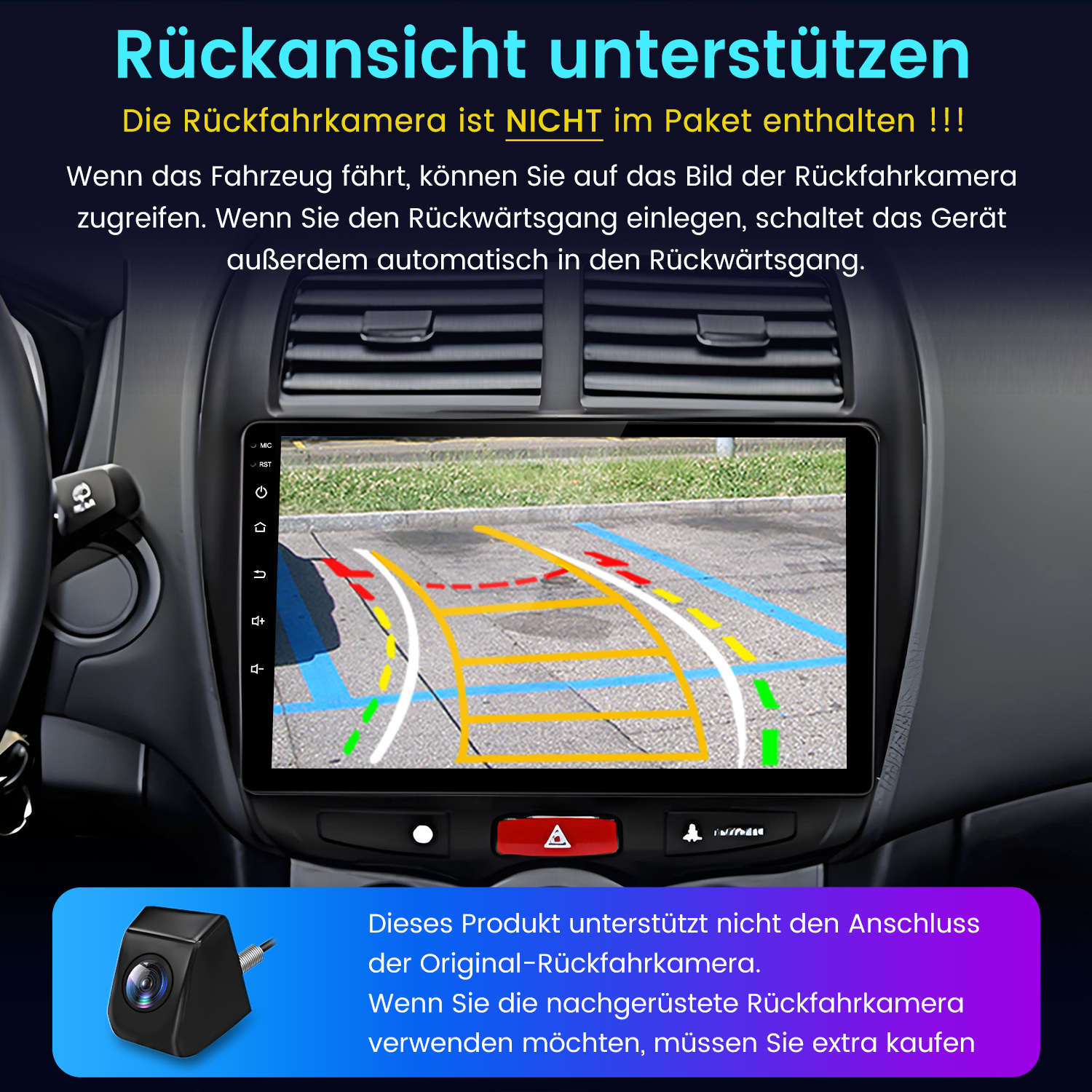 Autoinnenraum mit Rückfahrkamera-Anzeige und separater Kamera.