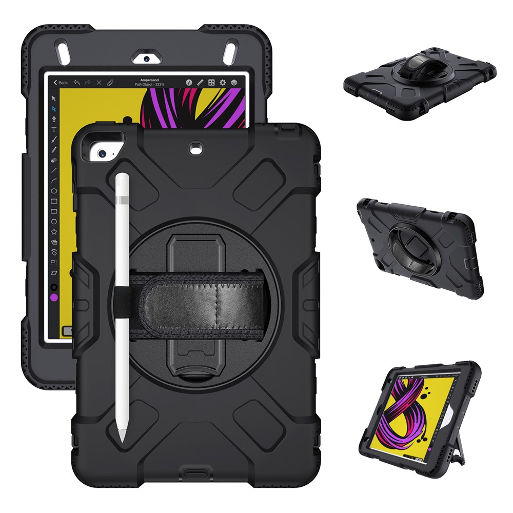 Schwarze Tablet-Hülle mit Stifthalter, Griff und Standfunktion. Zeigt ein Tablet.