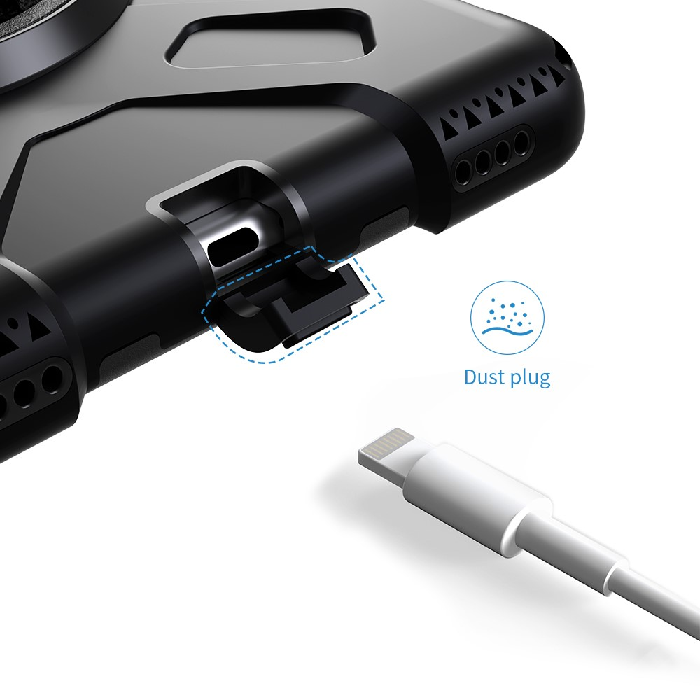 Schwarze Handyhülle mit Staubschutz und einem weißen Ladekabel.