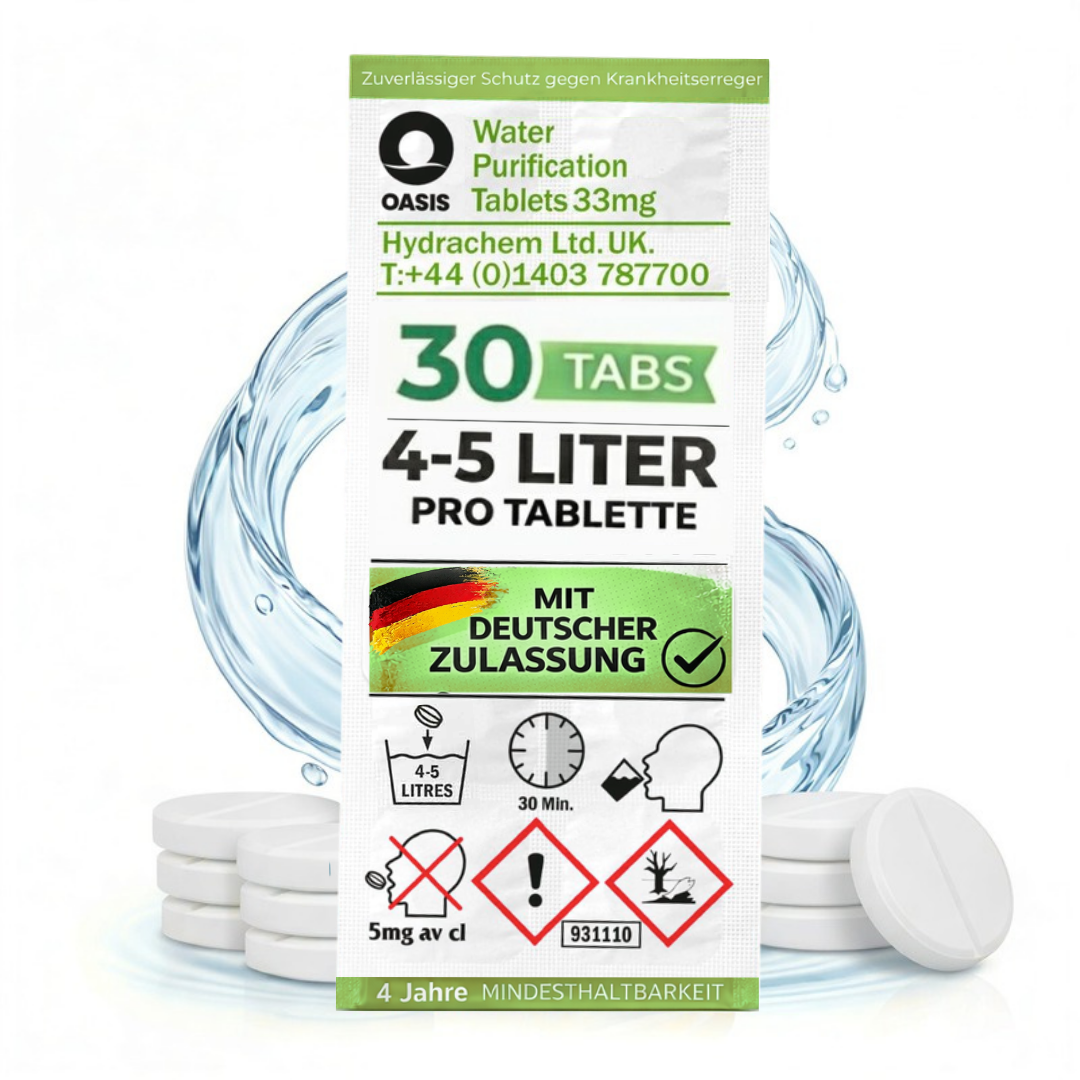 Verpackung für Oasis Wasserreinigungstabletten mit 30 Stück, 4-5 Liter pro Tablette.