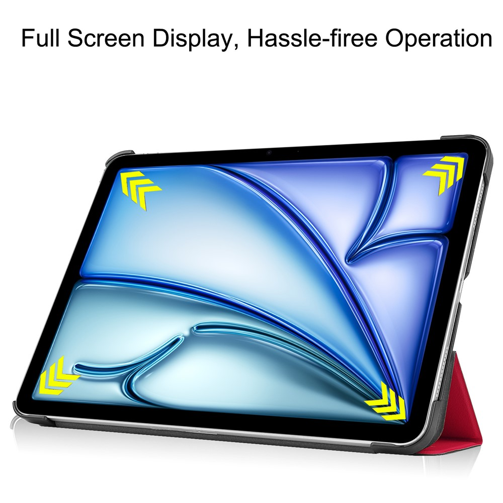 Tablet in roter Hülle, zeigt blauen abstrakten Bildschirm mit gelben Eckanzeigen.