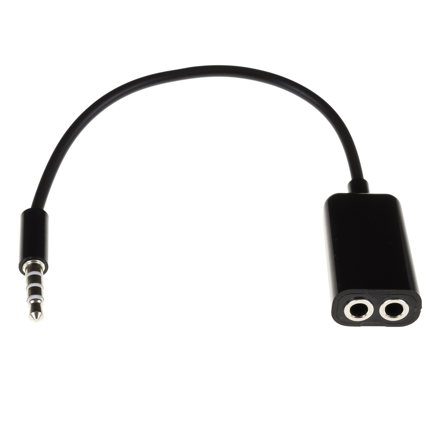 Un adattatore audio nero da 3,5 mm con una spina maschio e due prese femmina.