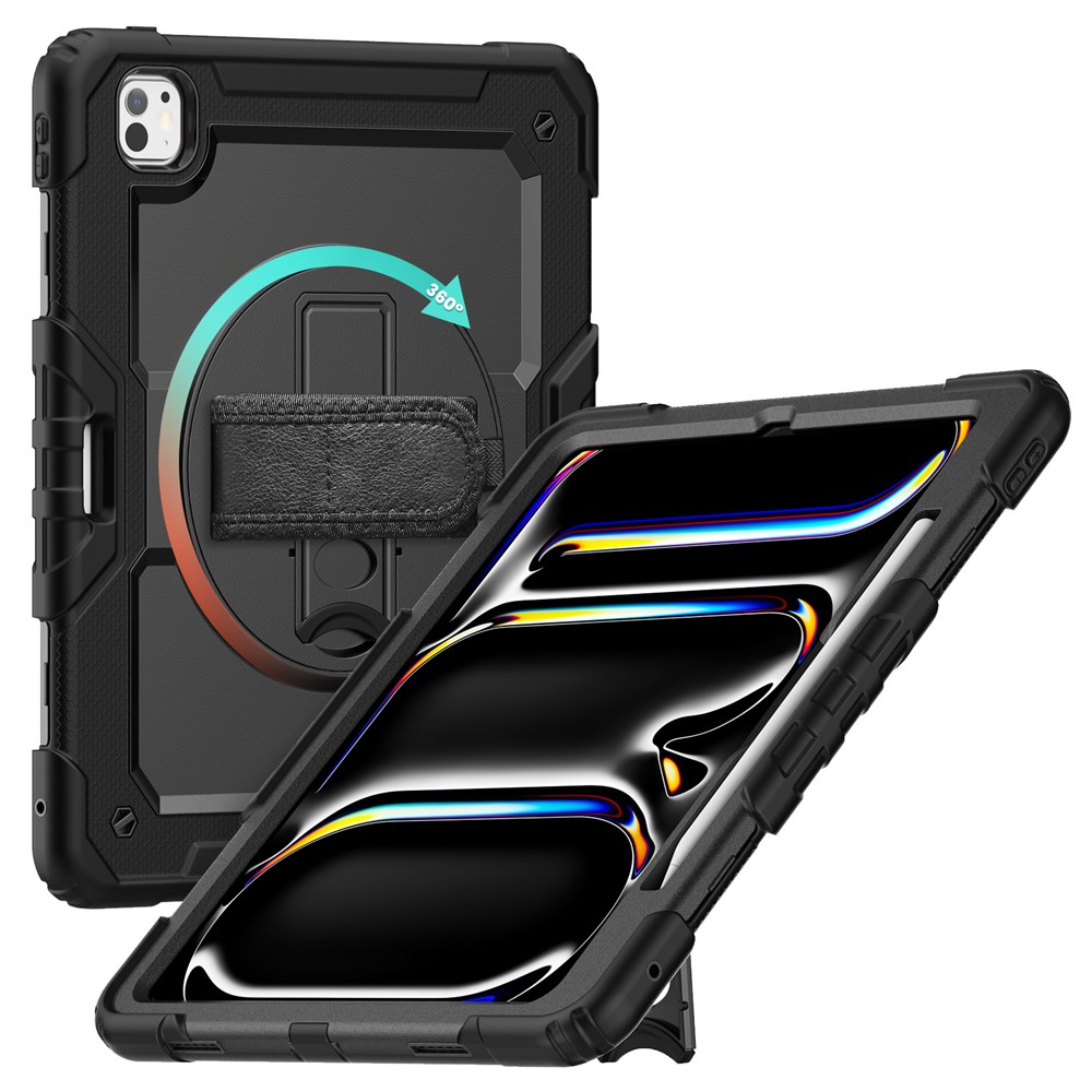 Schwarze Tablet-Hülle mit 360-Grad-Dreharmlehne und integriertem Ständer.