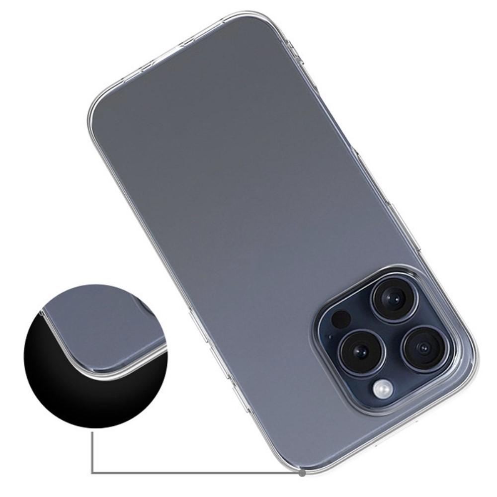 Custodia trasparente per telefono che evidenzia fotocamera e angoli.