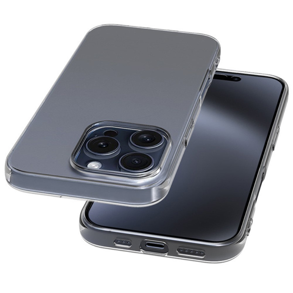 Una custodia trasparente per telefono con tre obiettivi della fotocamera poggia su uno smartphone scuro.