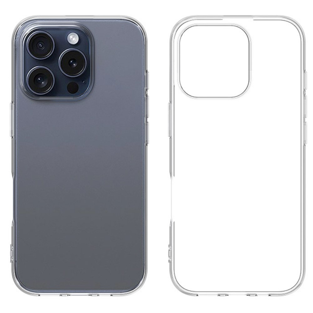 Una custodia trasparente per telefono accanto a un telefono grigio con tre fotocamere.
