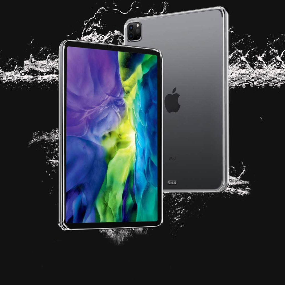 Ein graues iPad mit einem bunten Hintergrund und Wasserspritzern.