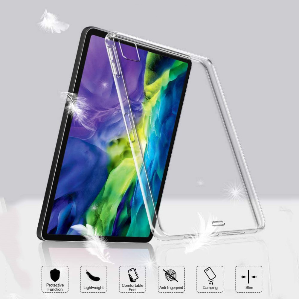 Ein transparentes Tablet-Schutzhülle mit Federn vor einem grauen Hintergrund.