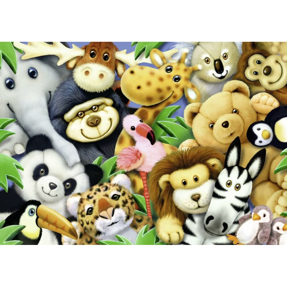 Un gruppo di peluche: elefante, gorilla, alce, giraffa, koala, orso, panda, fenicottero, leone, zebra, pinguini e tucano.