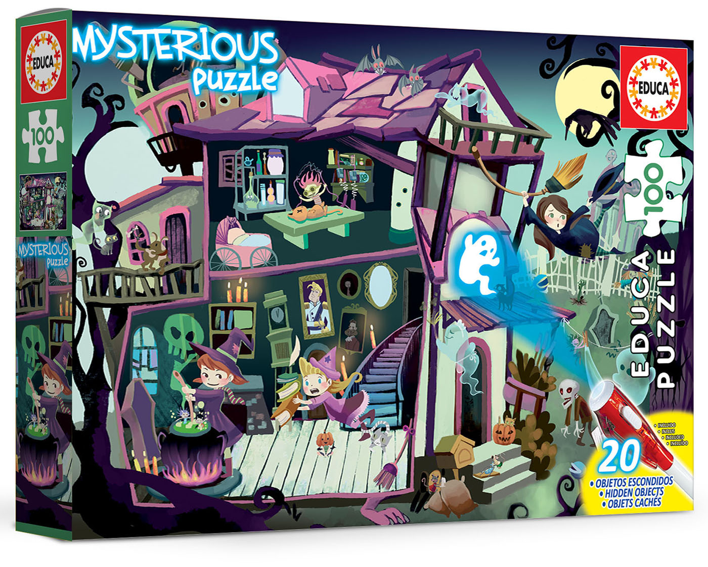 Ein mysteriöses Spukhaus mit Hexen, Geistern und Skeletten, Educa 100-Teile-Puzzle.