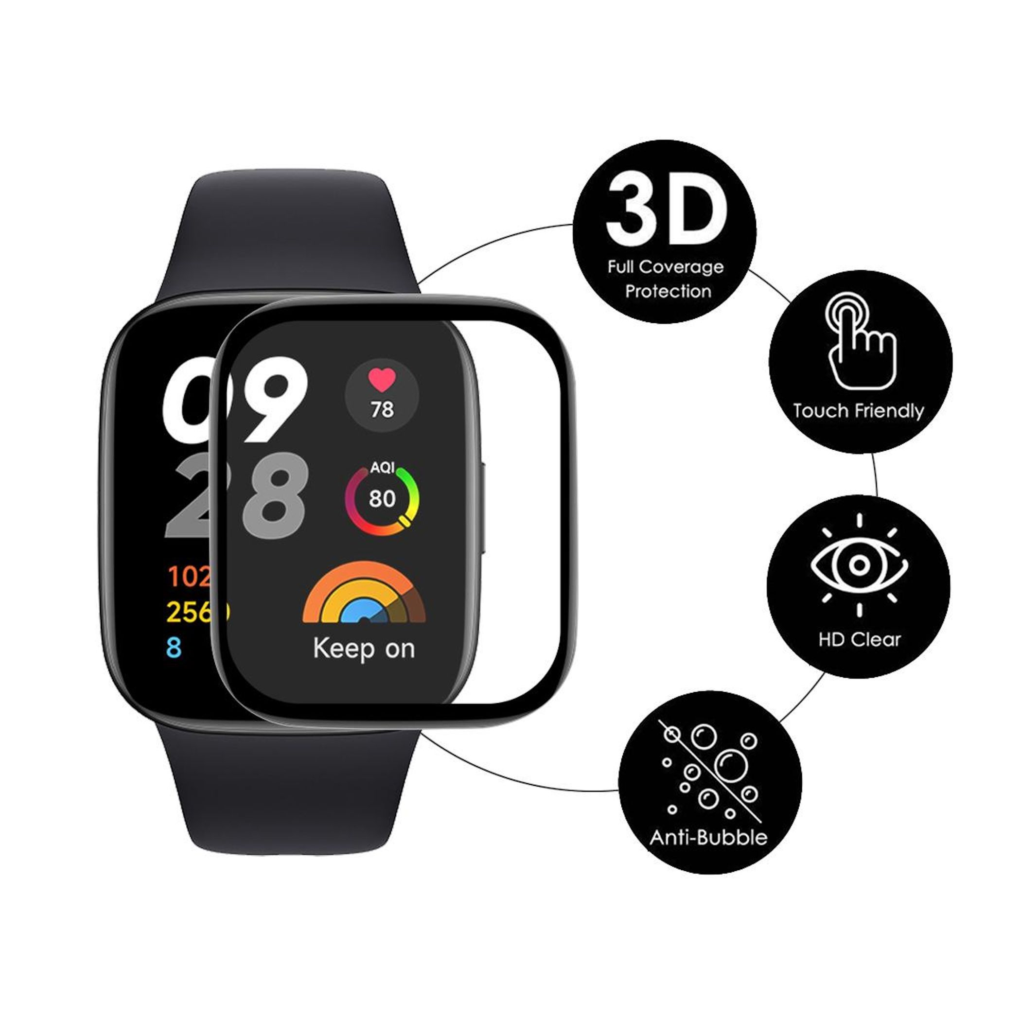 Eine Smartwatch mit einem Schutzglas vorne und Symbolen für Funktionen.