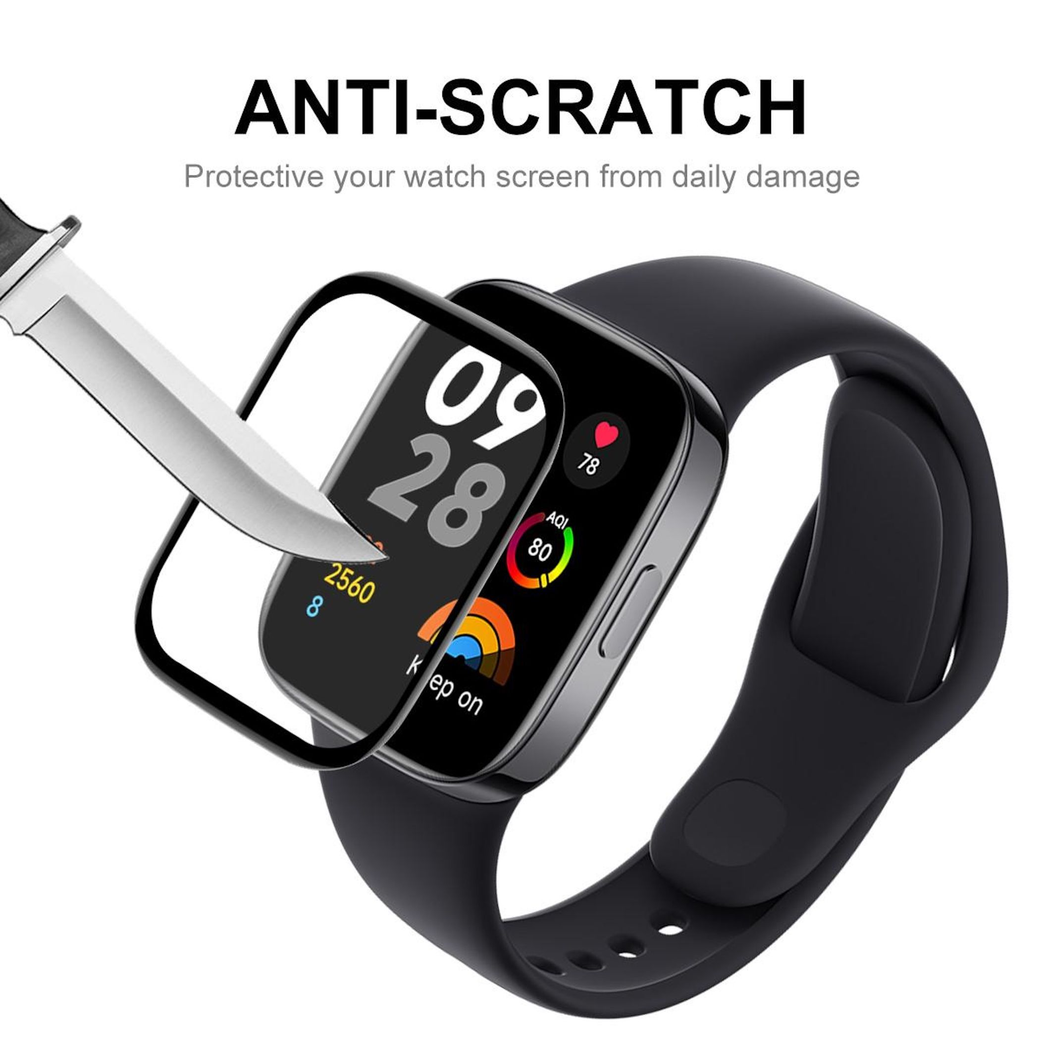 Ein Messer nähert sich dem Bildschirm einer Smartwatch, auf den eine Schutzfolie aufgebracht wird.