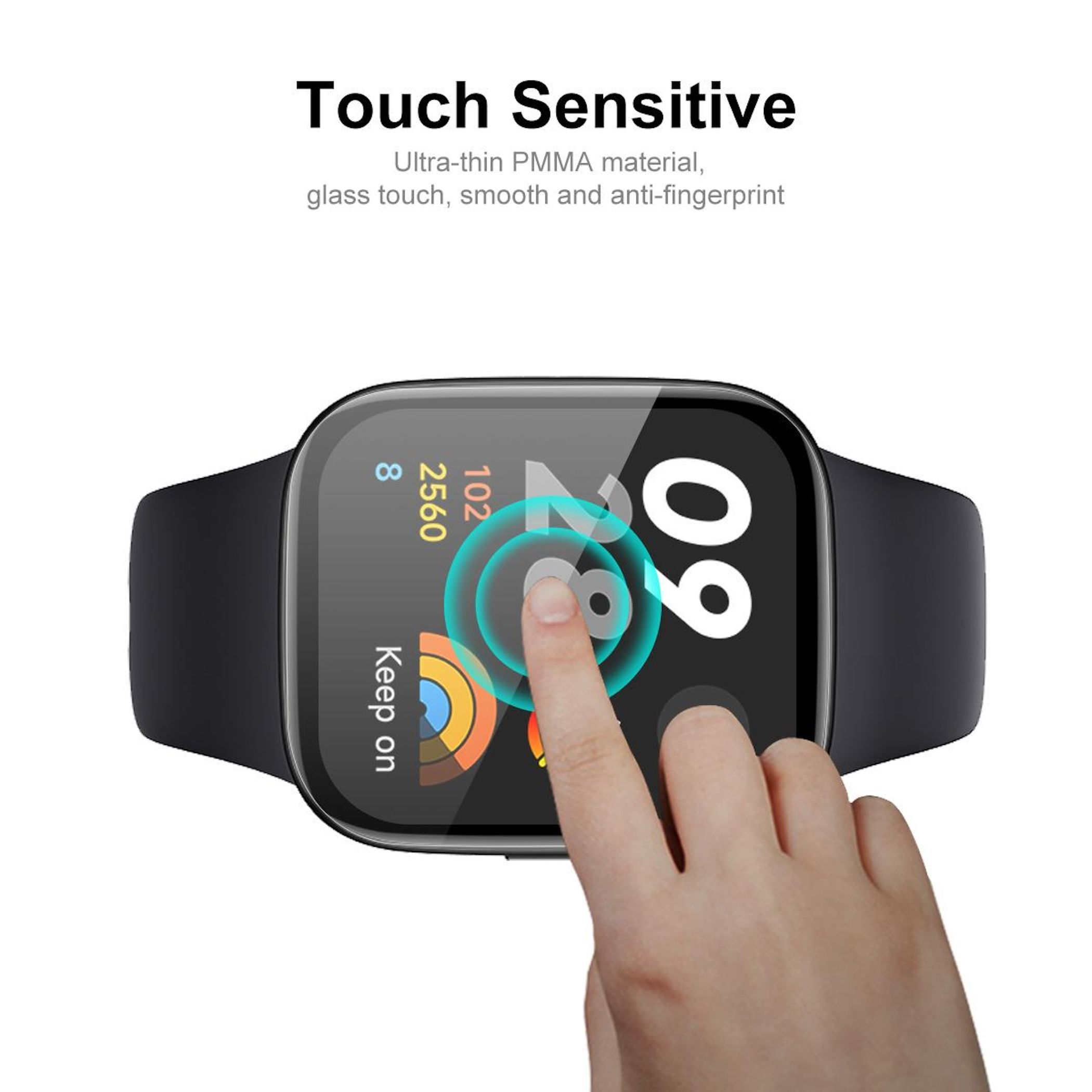 Eine Hand berührt den Bildschirm einer Smartwatch mit der Anzeige 09.